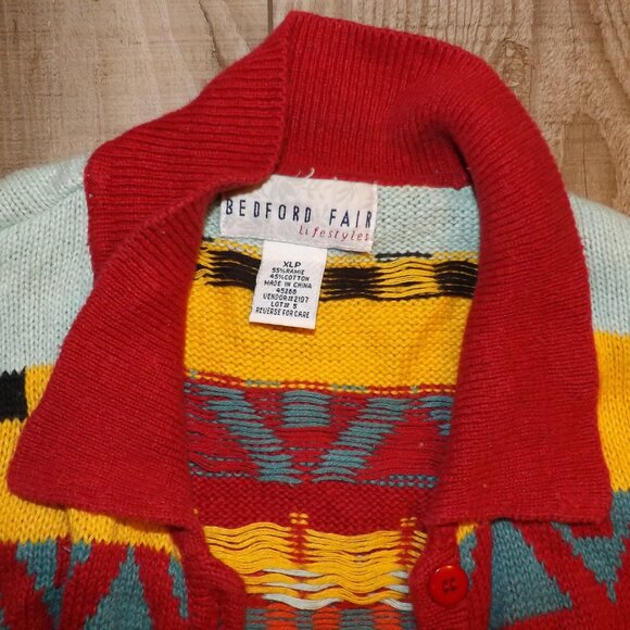 Bedford Fair Colorful Geometric Button Cardigan Unique Eccentric 90s Clowncore - Picture 2 of 4